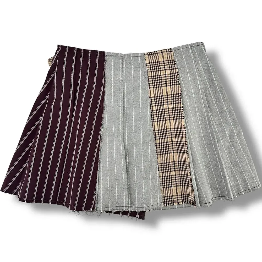 Gianni Bini GB Girls Mixed Media Faux Wrap Plaid Pleated Mini Skirt Sz 6 Brown